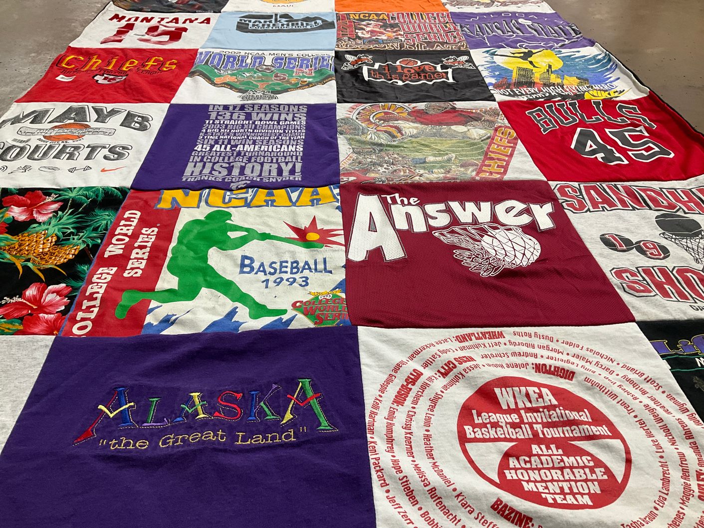 T-shirt quilt with sports, basketball themes by Kathryn from KS