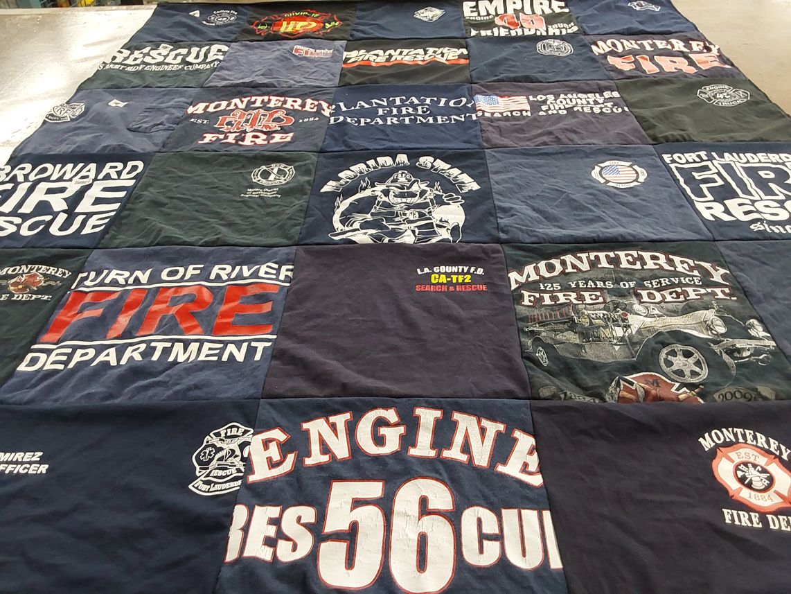 T-shirt quilt with firefighting themes by Mackenzie from FL