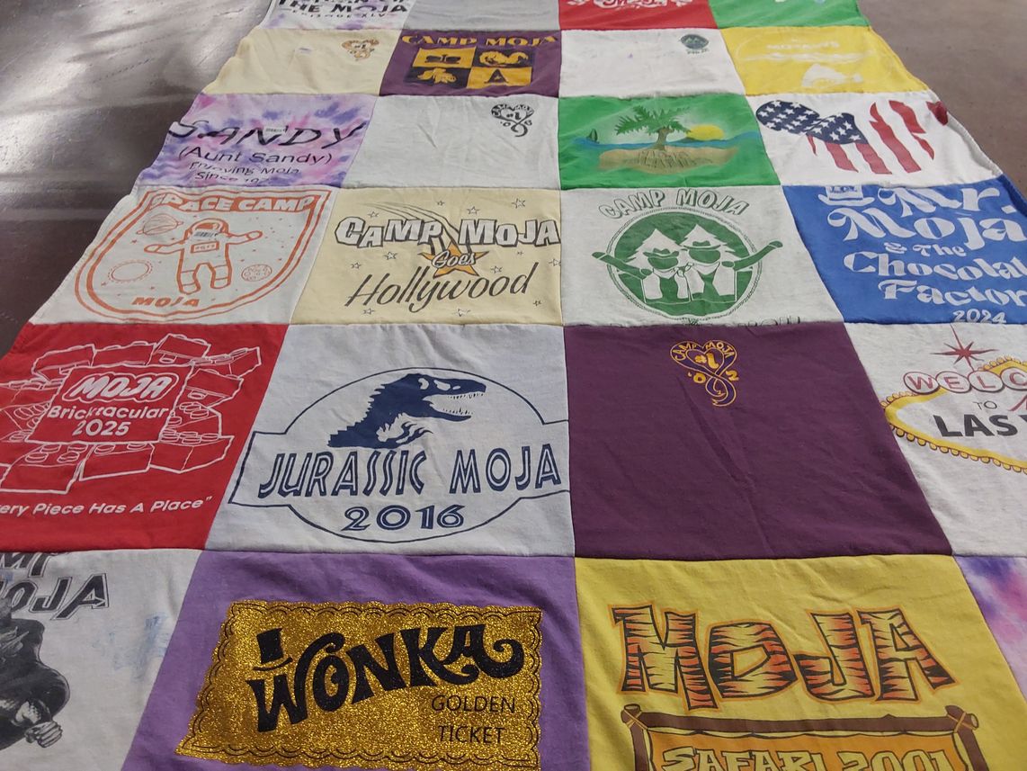T-shirt quilt with camping, movies themes by Rachel from MO
