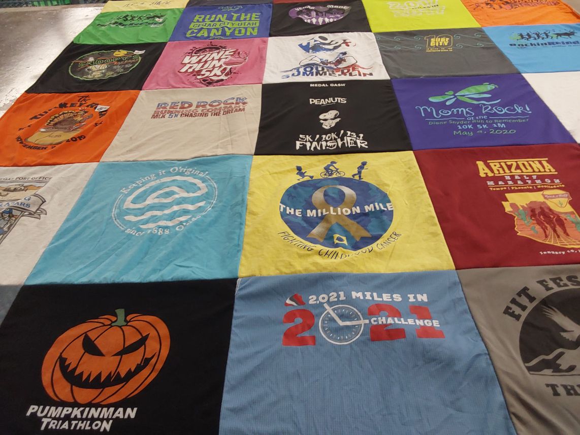 T-shirt quilt with running, triathlon themes by Kelly from NV