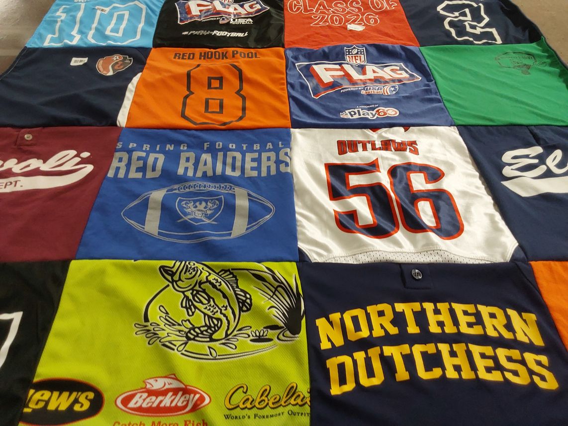 T-shirt quilt featuring red raiders, outlaws by MaryEllen from NY