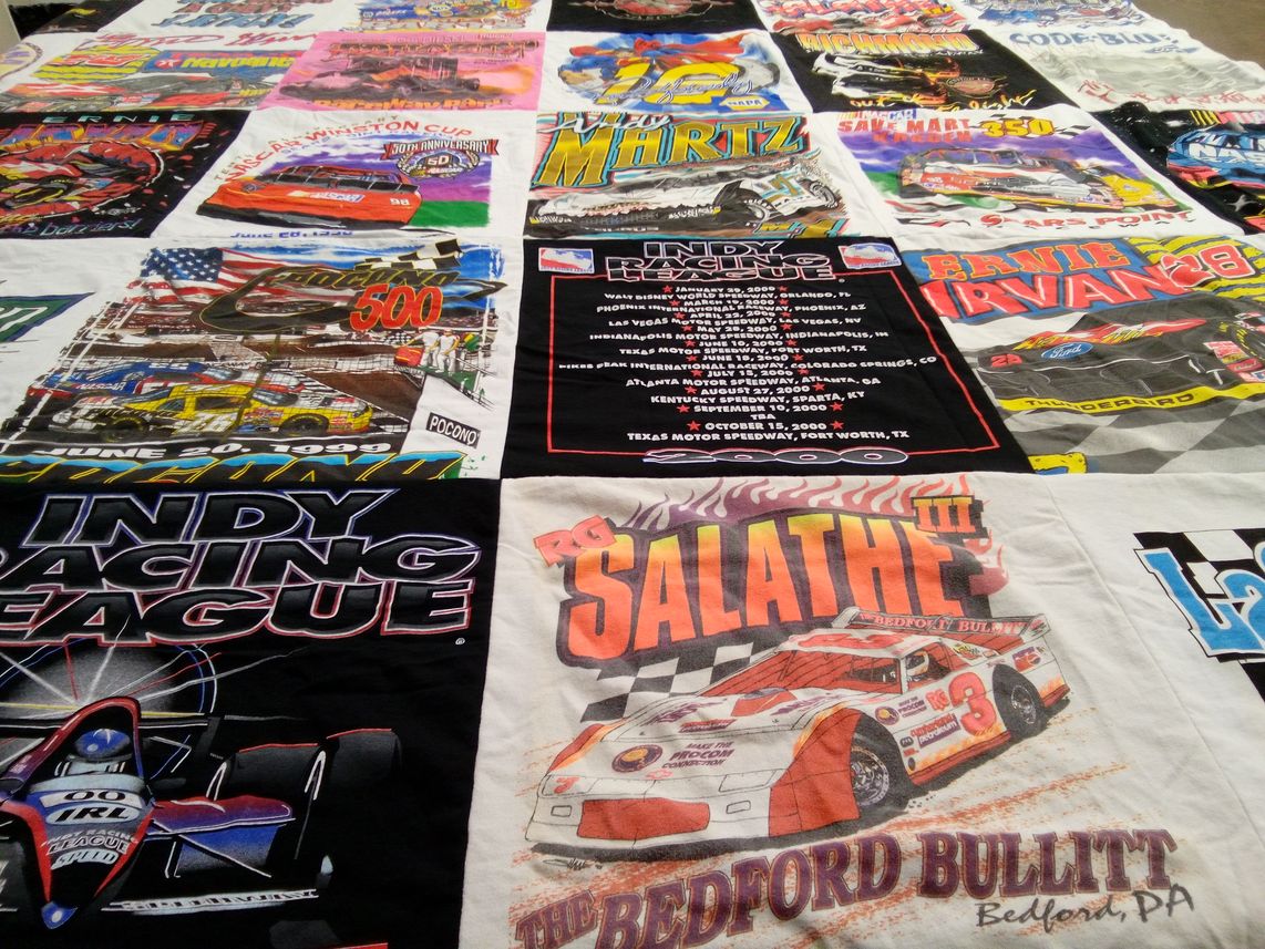T-shirt quilt with auto racing, motorsports themes by Lynn from PA