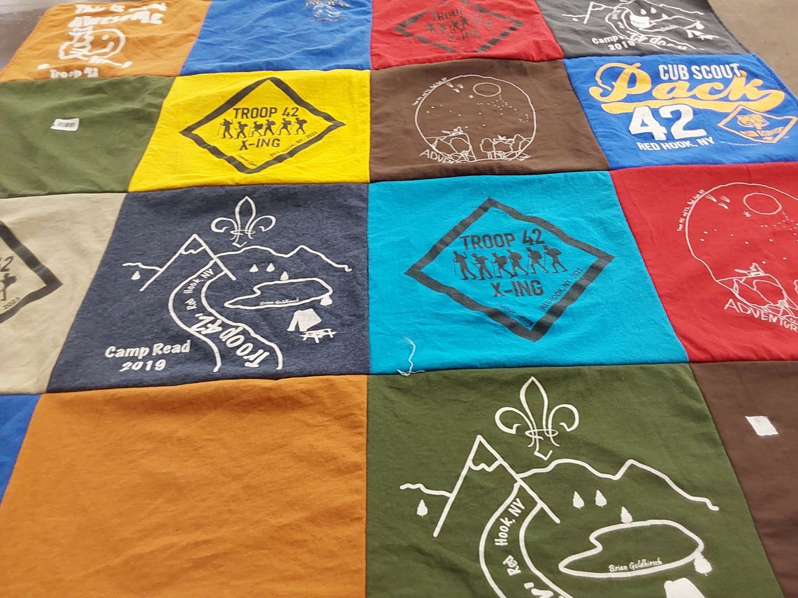 T-shirt quilt with scouting, camping themes by MaryEllen  from NY