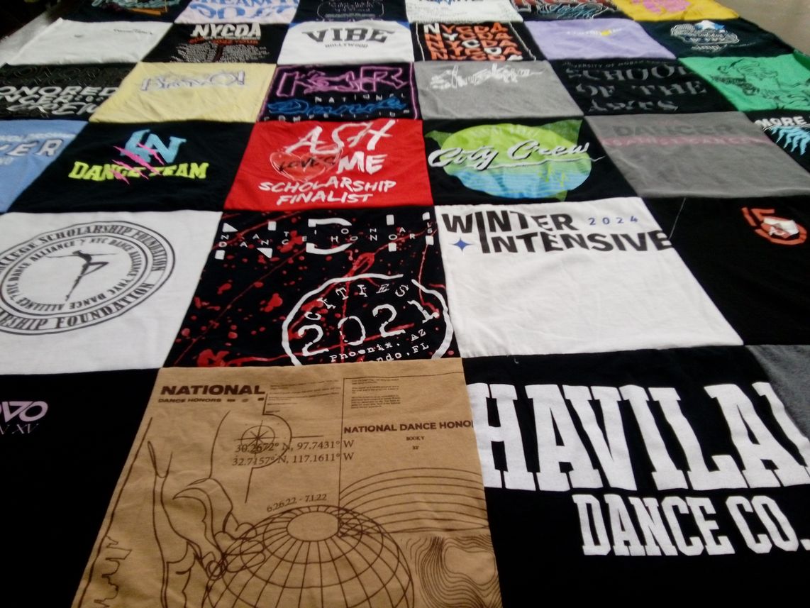 T-shirt quilt with dance, scholarship themes by Samantha from NC