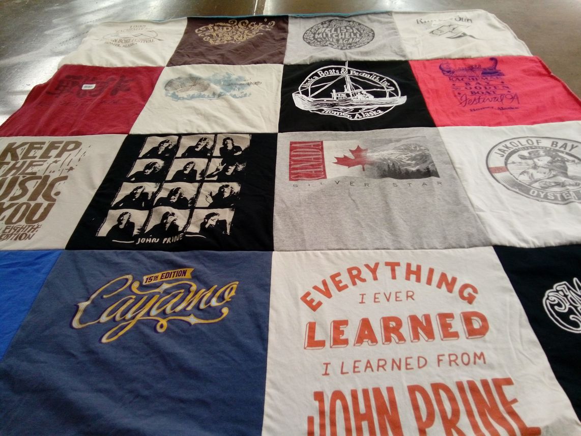T-shirt quilt with music, fishing themes by Sarah from AK