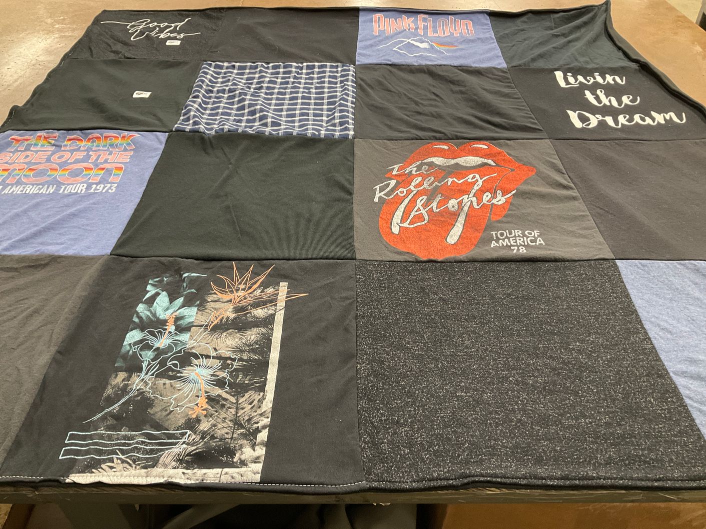 T-shirt quilt with music, rock themes by Loren Schofield from CA