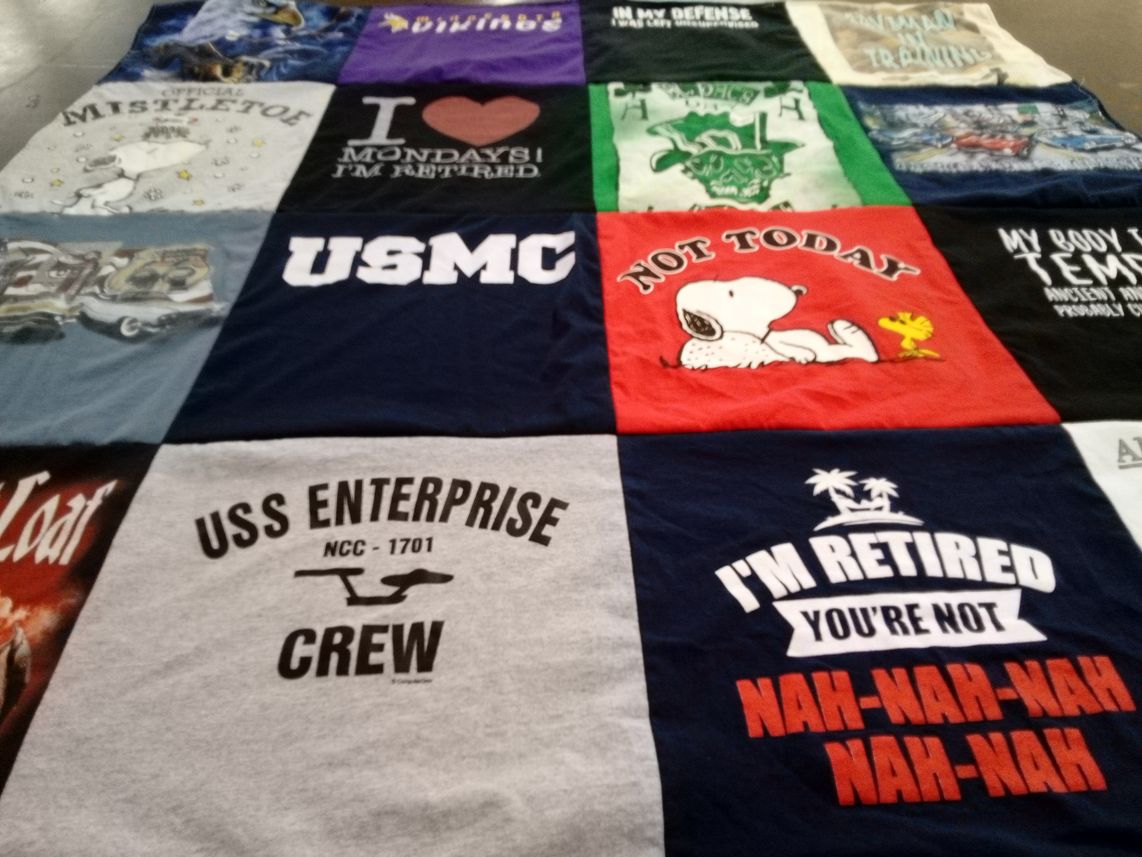 T-shirt quilt with retirement, military themes by Karen from PA