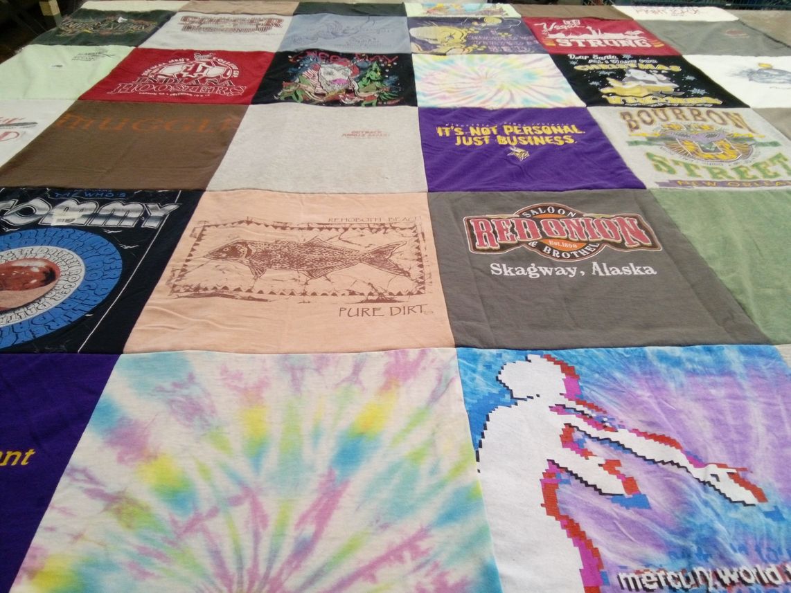 T-shirt quilt with music, travel themes by Michele from NJ