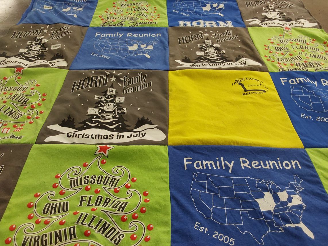 T-shirt quilt with family gatherings, holiday celebrations themes by CATHERINE from OH