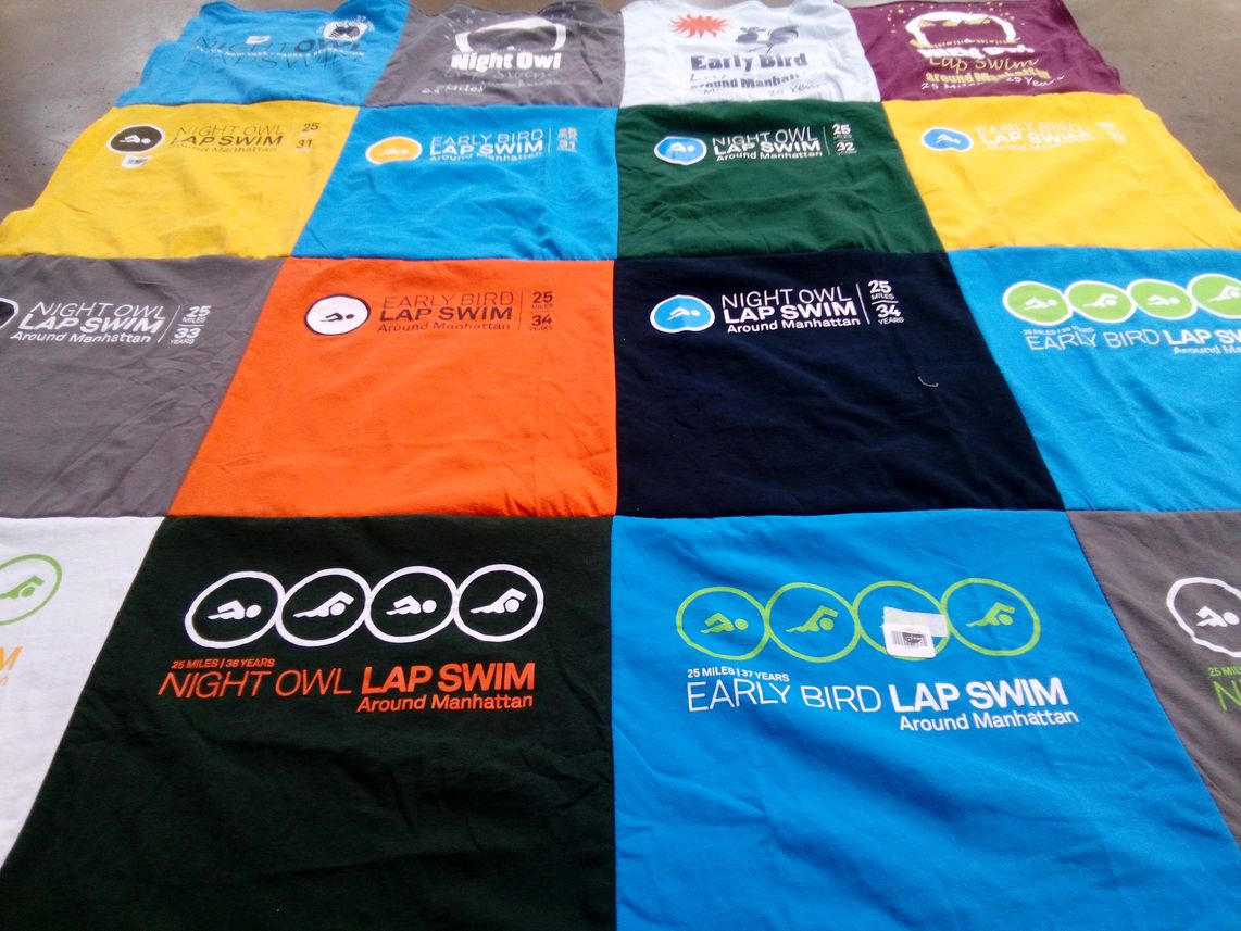 T-shirt quilt with swimming, fitness themes by Mary from NY