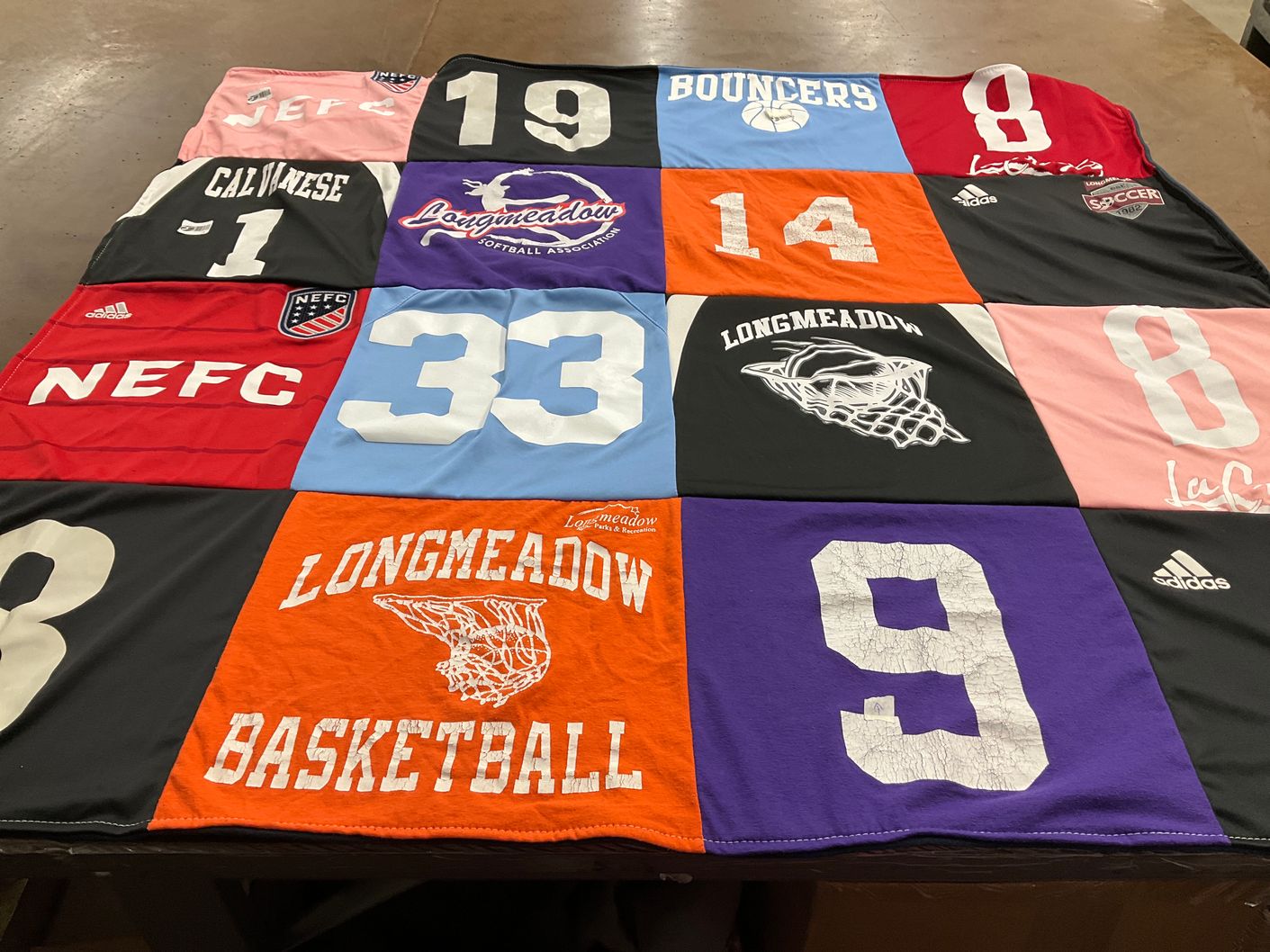 T-shirt quilt with basketball, soccer themes by Donna from MA