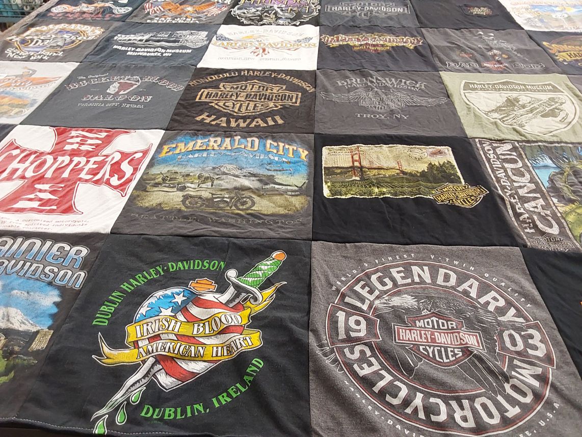 T-shirt quilt with motorcycles, biking themes by maryann from CA