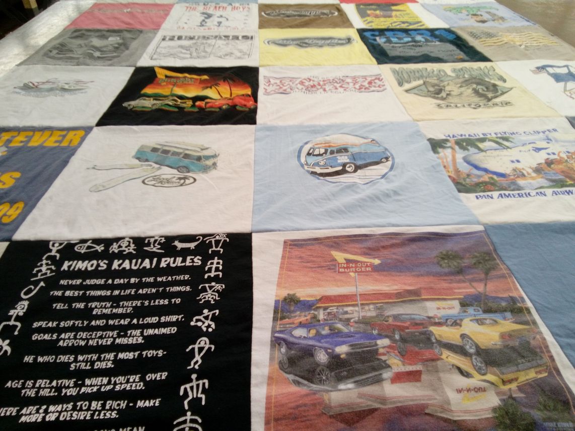 T-shirt quilt with hawaii, cars themes by Sara from FL