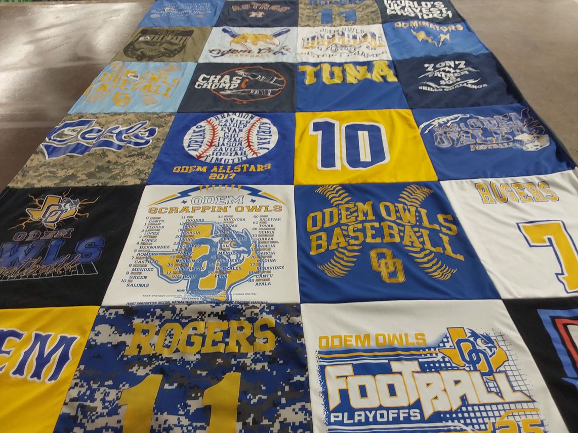 T-shirt quilt featuring odem owls football, odem owls baseball by Amy from TX