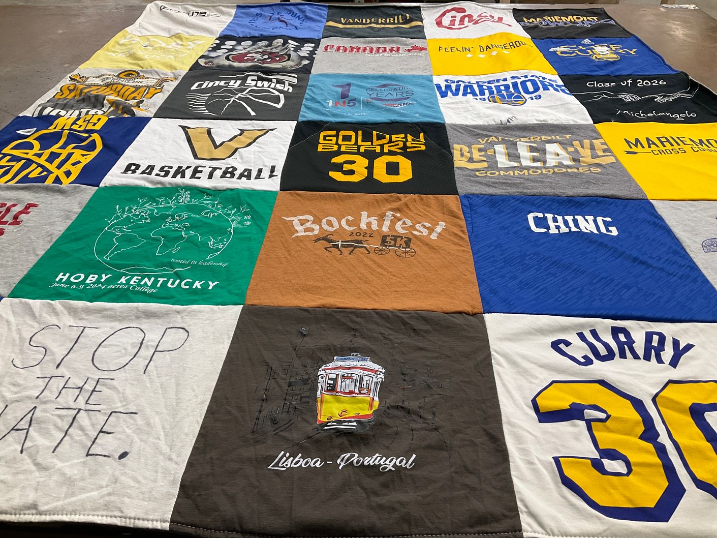 T-shirt quilt featuring vanderbilt commodores, golden state warriors by Kelley from OH