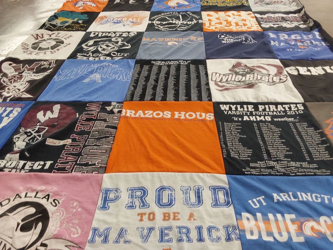 T-shirt quilt featuring wylie pirates, ut arlington mavericks by Donna from TX