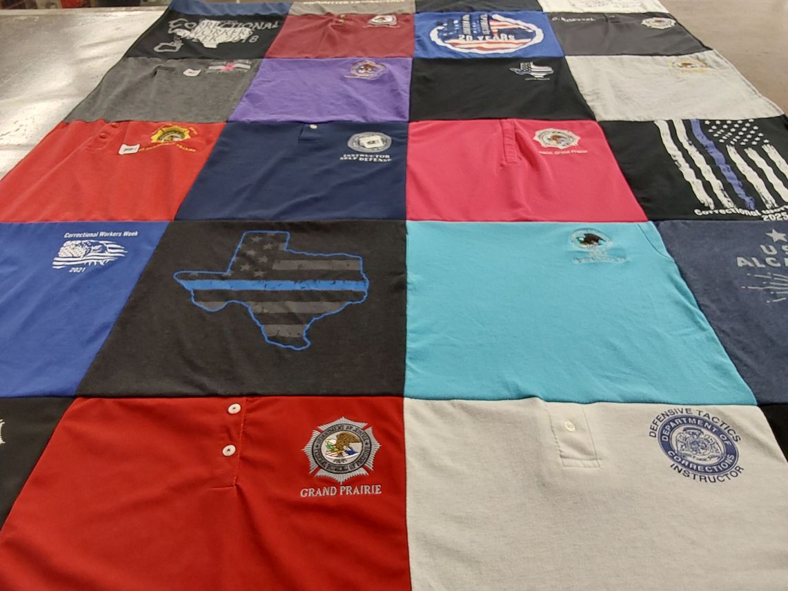 T-shirt quilt with law enforcement, public service themes by Colleen from TX
