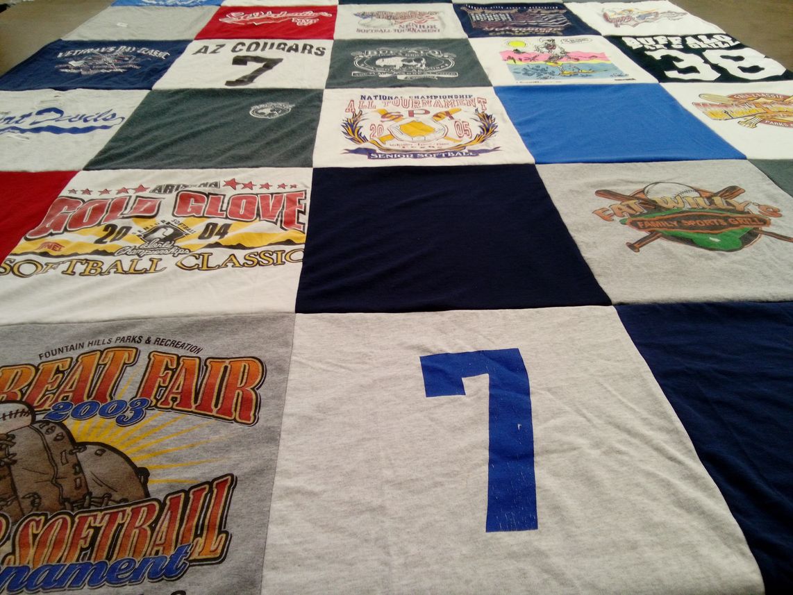 T-shirt quilt with softball, sports themes by Cathy from CA