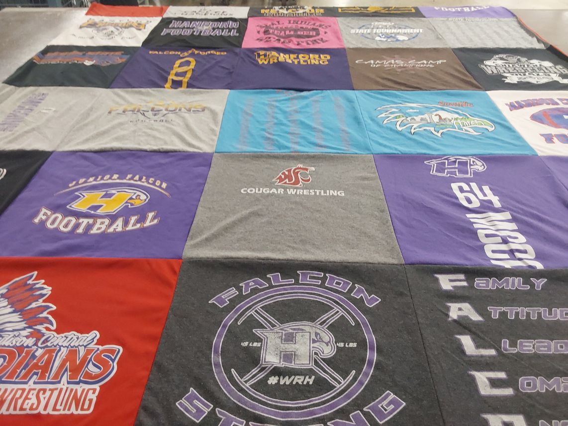 T-shirt quilt featuring hawthorne high school football, columbia high school wrestling by Tamatha from KY