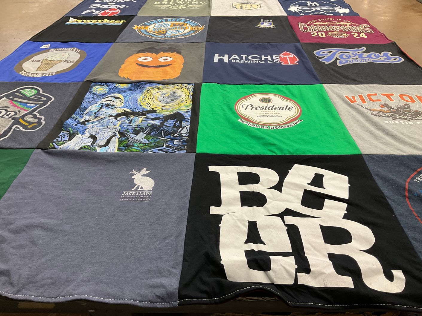 T-shirt quilt with brewing, craft beer themes by Katherine from NC