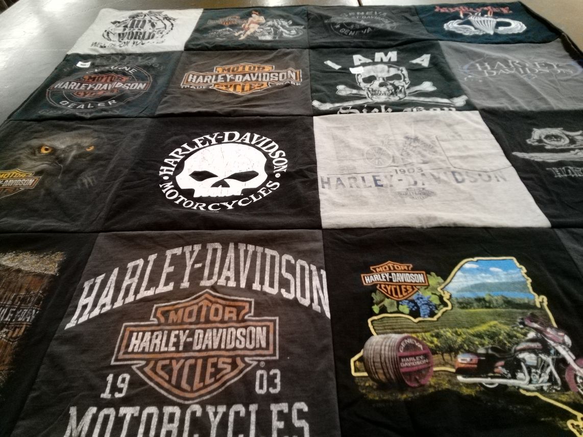 T-shirt quilt with motorcycles, biking themes by Corinna from NY