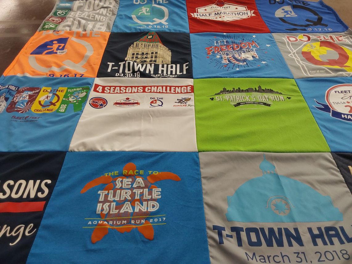 T-shirt quilt with running, marathons themes by Jeana from OK