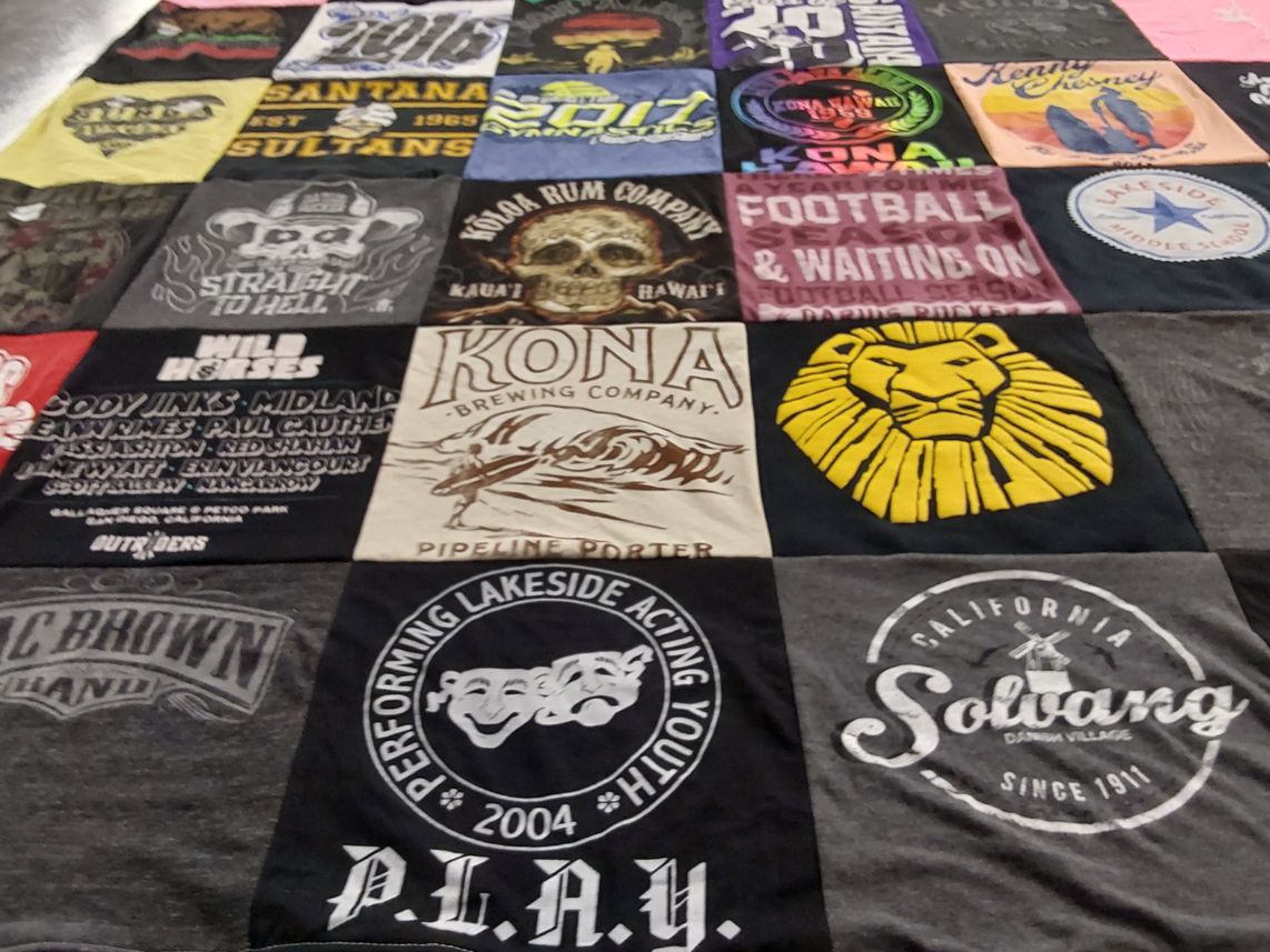 T-shirt quilt with music, brewing themes by Angela from CA