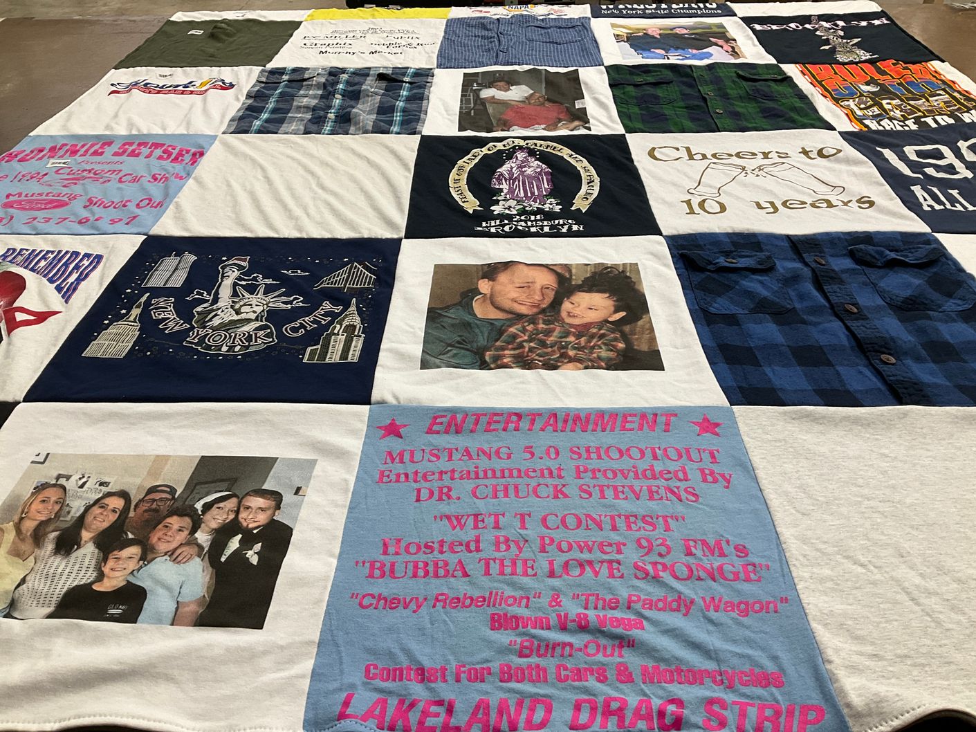 T-shirt quilt with cars, motorcycles themes by Carolyn from FL