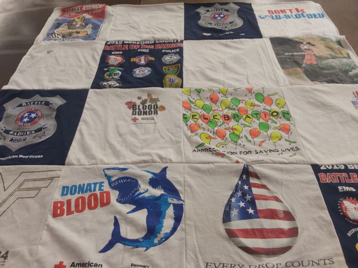 T-shirt quilt with blood donation themes by MARY from TN