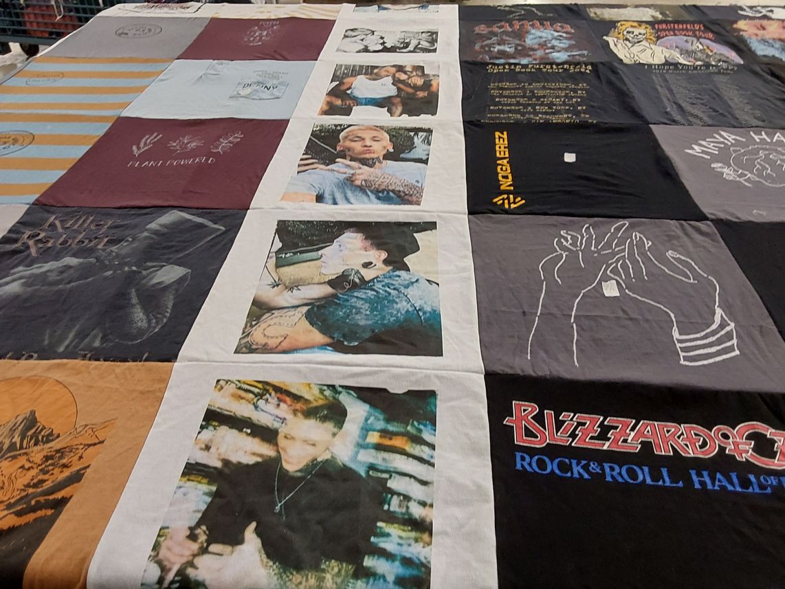 T-shirt quilt with music, tattoos themes by Denice from AZ
