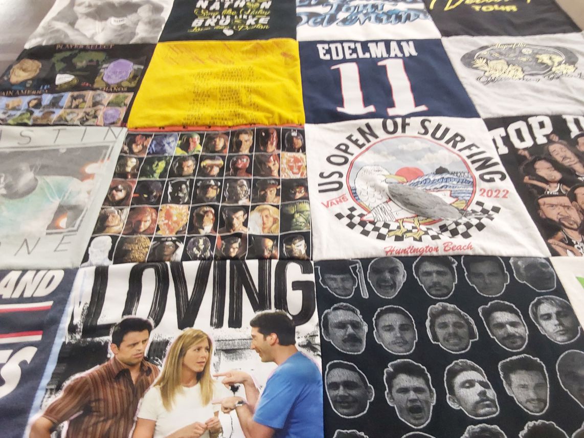 T-shirt quilt with surfing, sports themes by Janette from CA