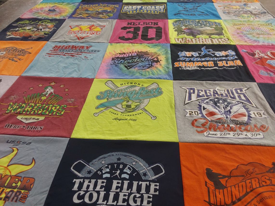 T-shirt quilt with softball, sports tournaments themes by Catherine from DE