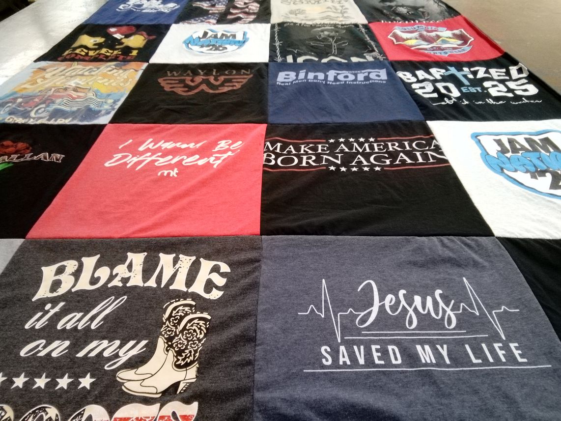 T-shirt quilt with country music, faith themes by Gail from NC