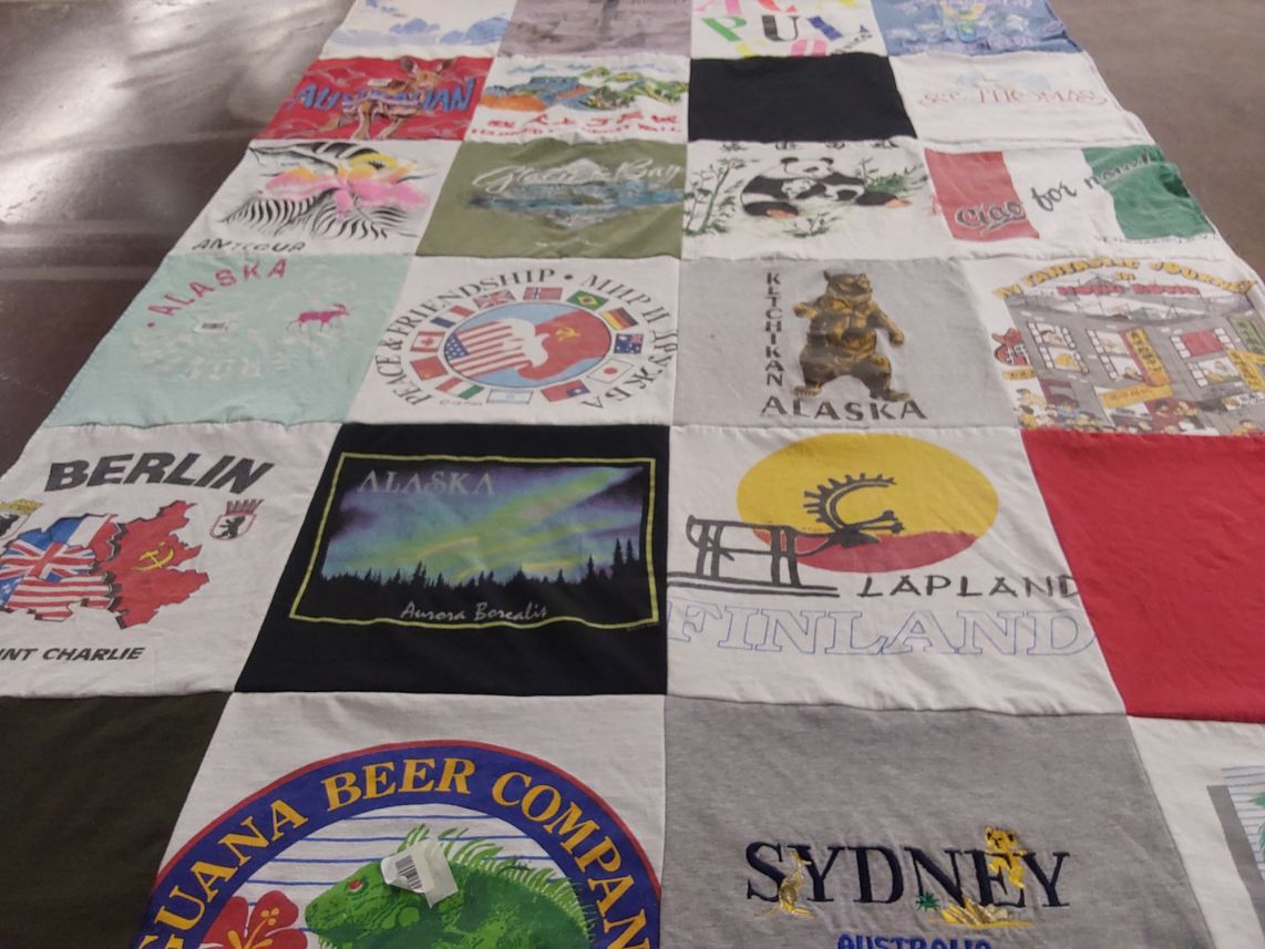 T-shirt quilt with travel, geography themes by Jill from SC
