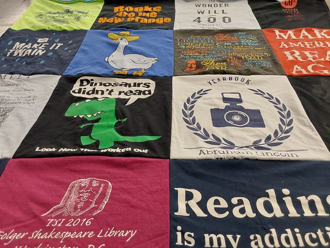 T-shirt quilt with reading, literature themes by Jackie from CO