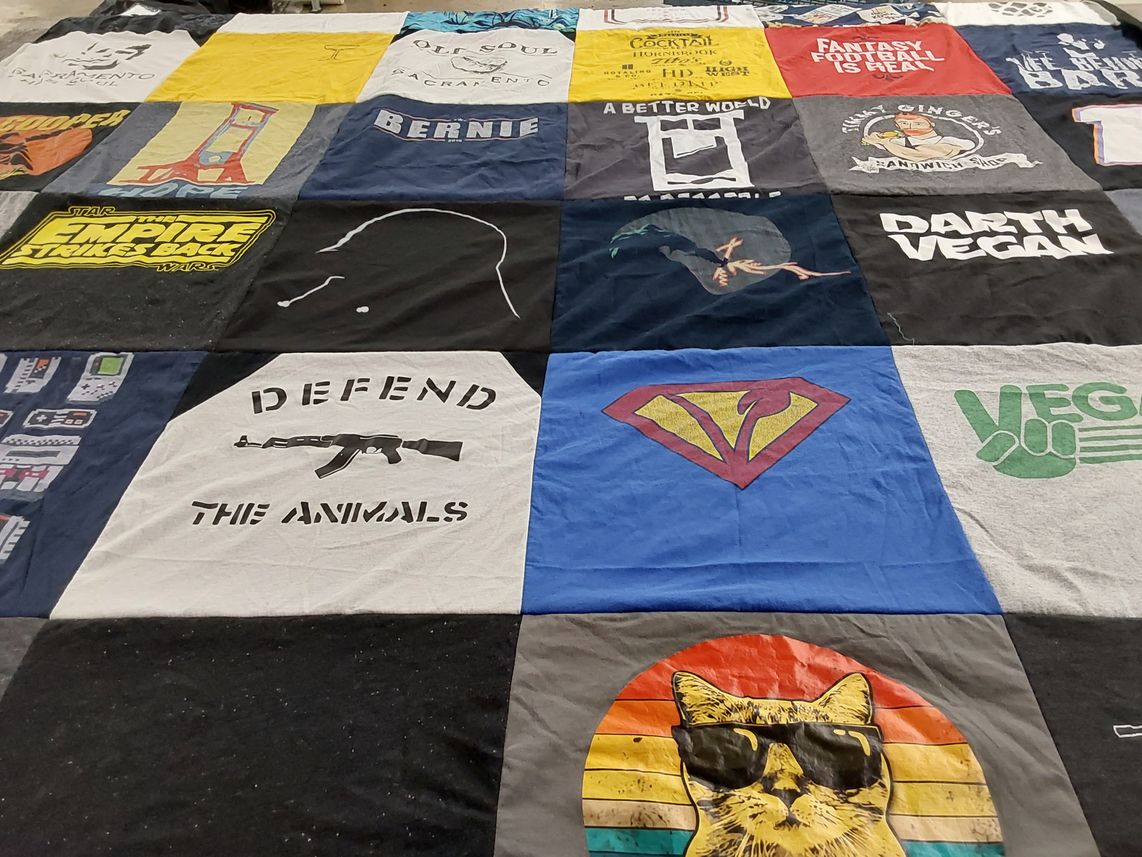 T-shirt quilt with veganism, animal rights themes by Ryan from CA