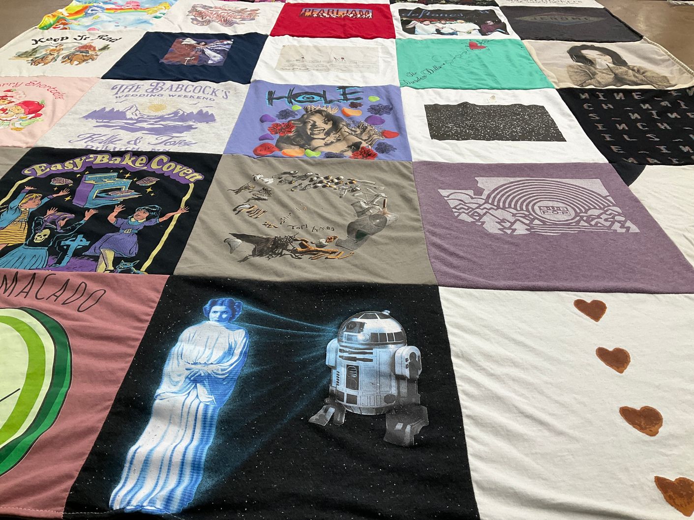 T-shirt quilt with pop culture, comics themes by Kelly from MN