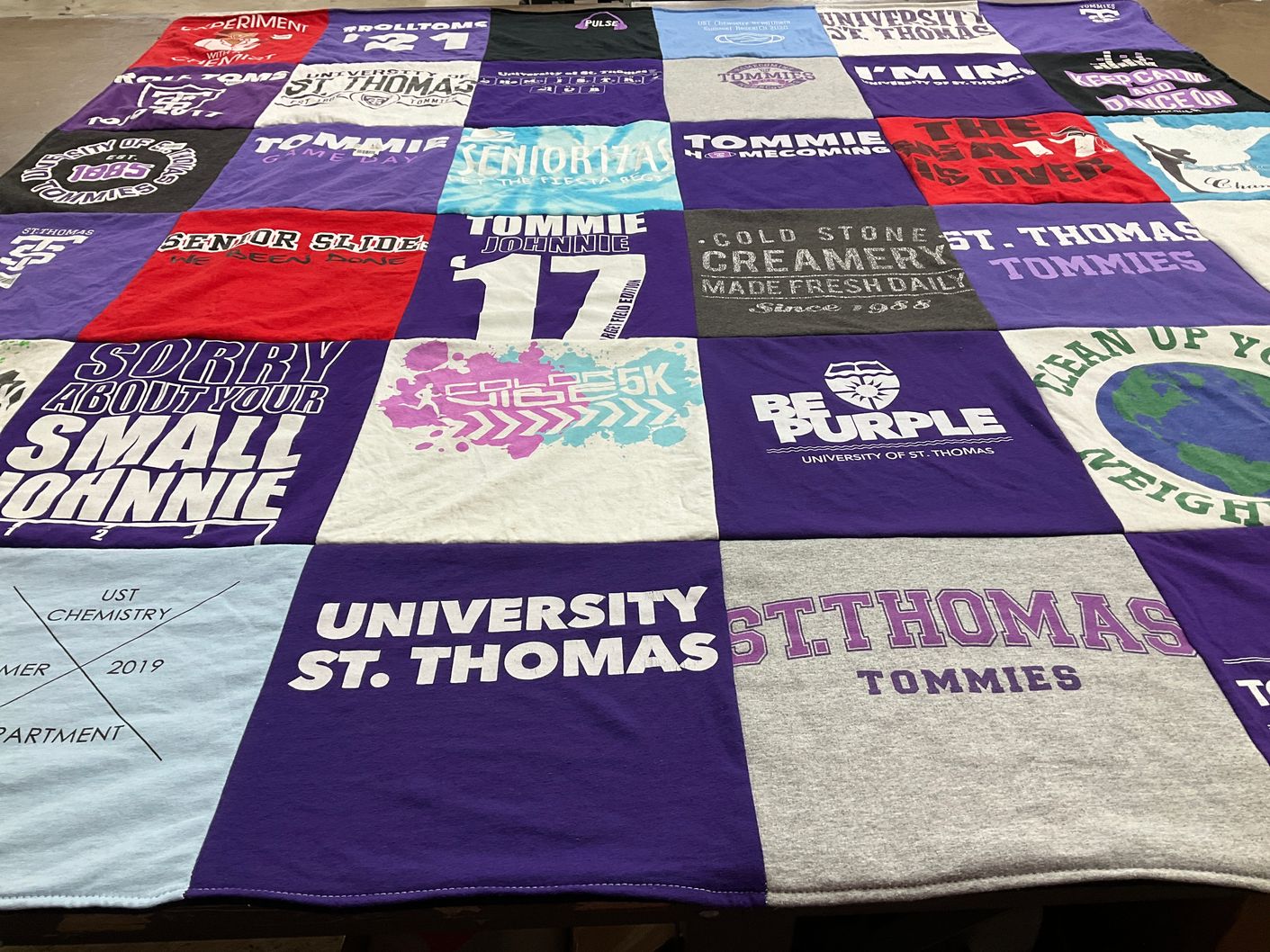 T-shirt quilt featuring st. thomas tommies by Lindsey from MN