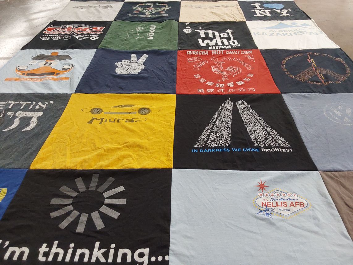 T-shirt quilt with cars, cooking themes by Jay from NV