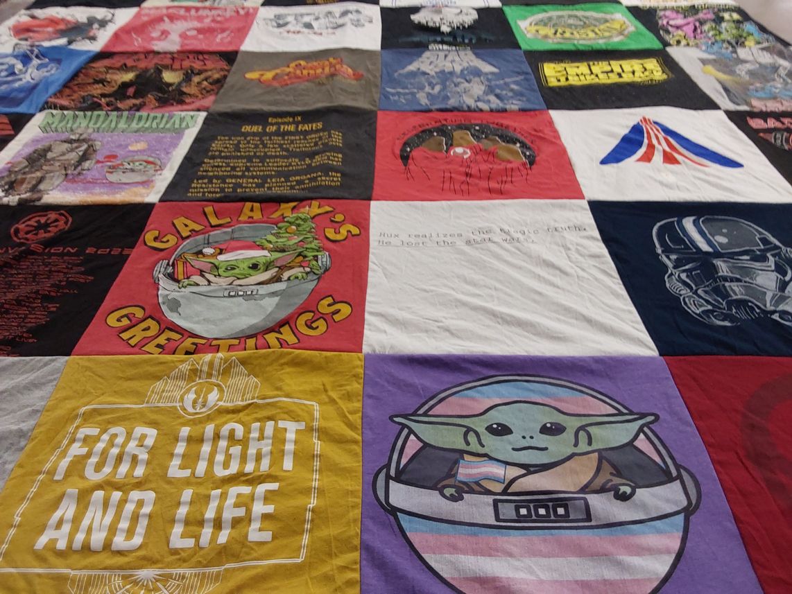 T-shirt quilt with star wars, the mandalorian themes by Joseph from TX