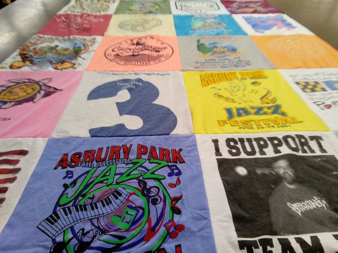 T-shirt quilt with jazz, music themes by Janet from NJ