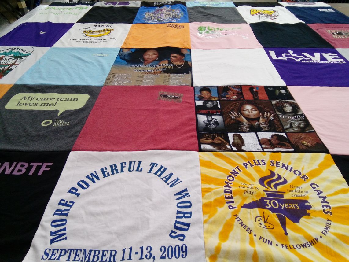 T-shirt quilt with health, fitness themes by Veronica from NC