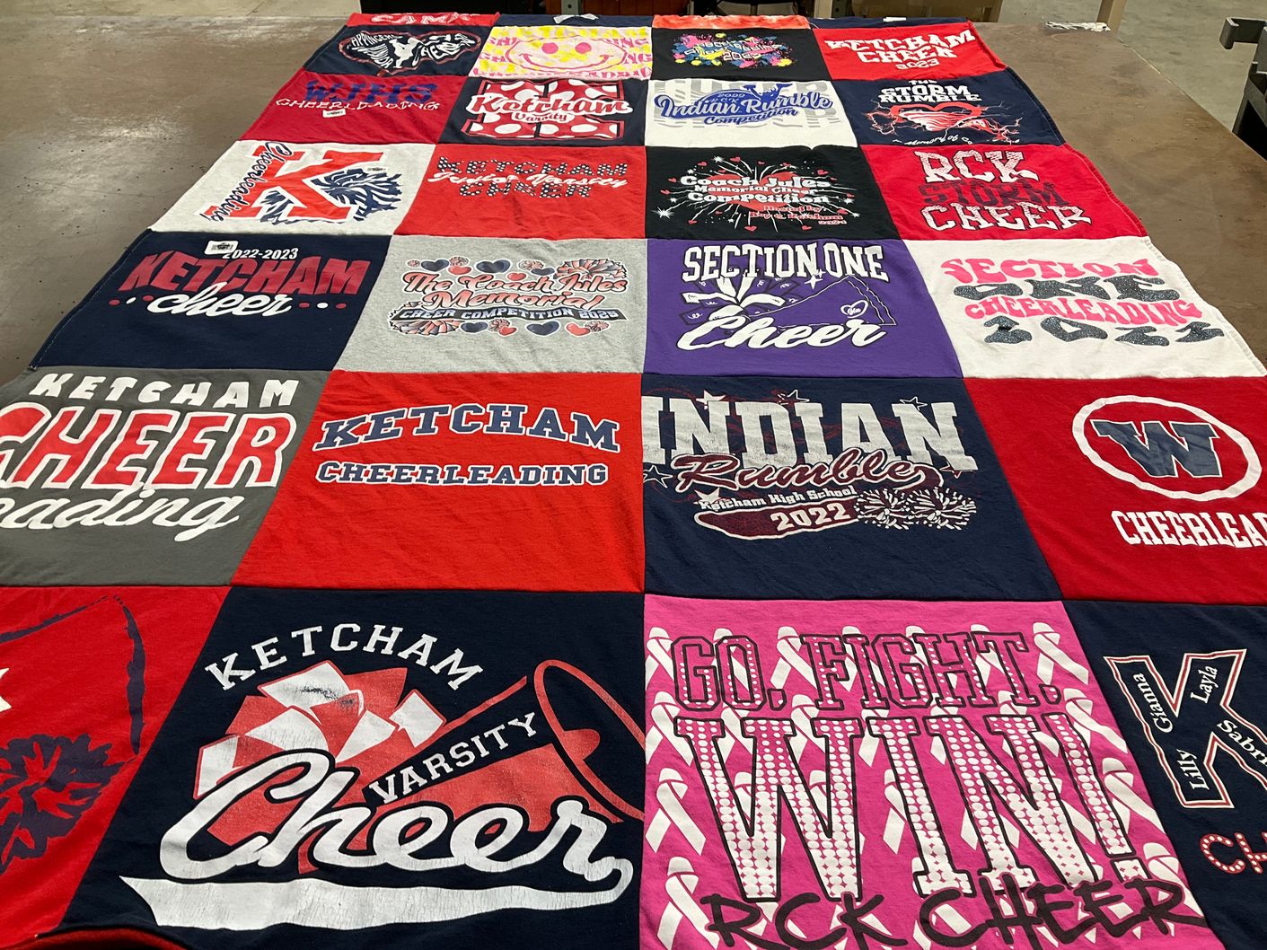 T-shirt quilt featuring ketcham cheerleading, rock cheer by Carrie from NY