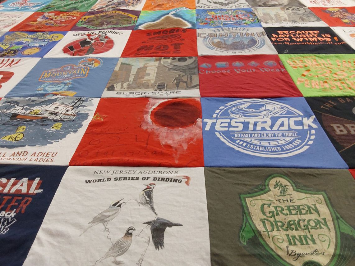 T-shirt quilt with birdwatching, racing themes by Tina from NJ