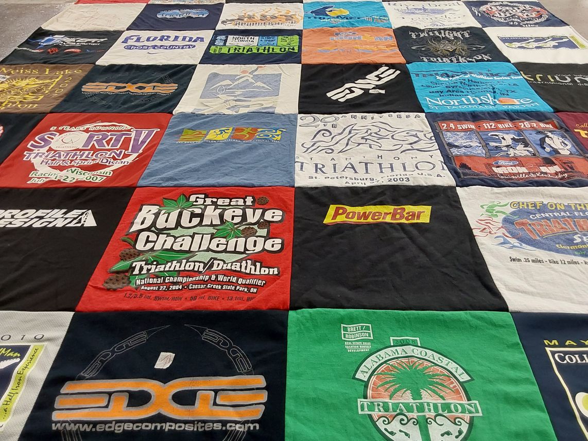 T-shirt quilt with triathlon, duathlon themes by Jessica from FL