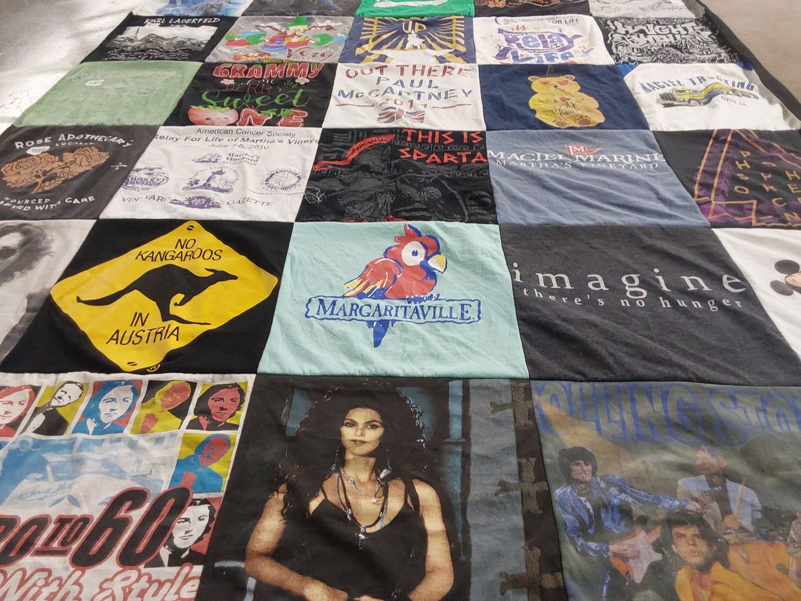 T-shirt quilt with music, cancer awareness themes by Dory from CA