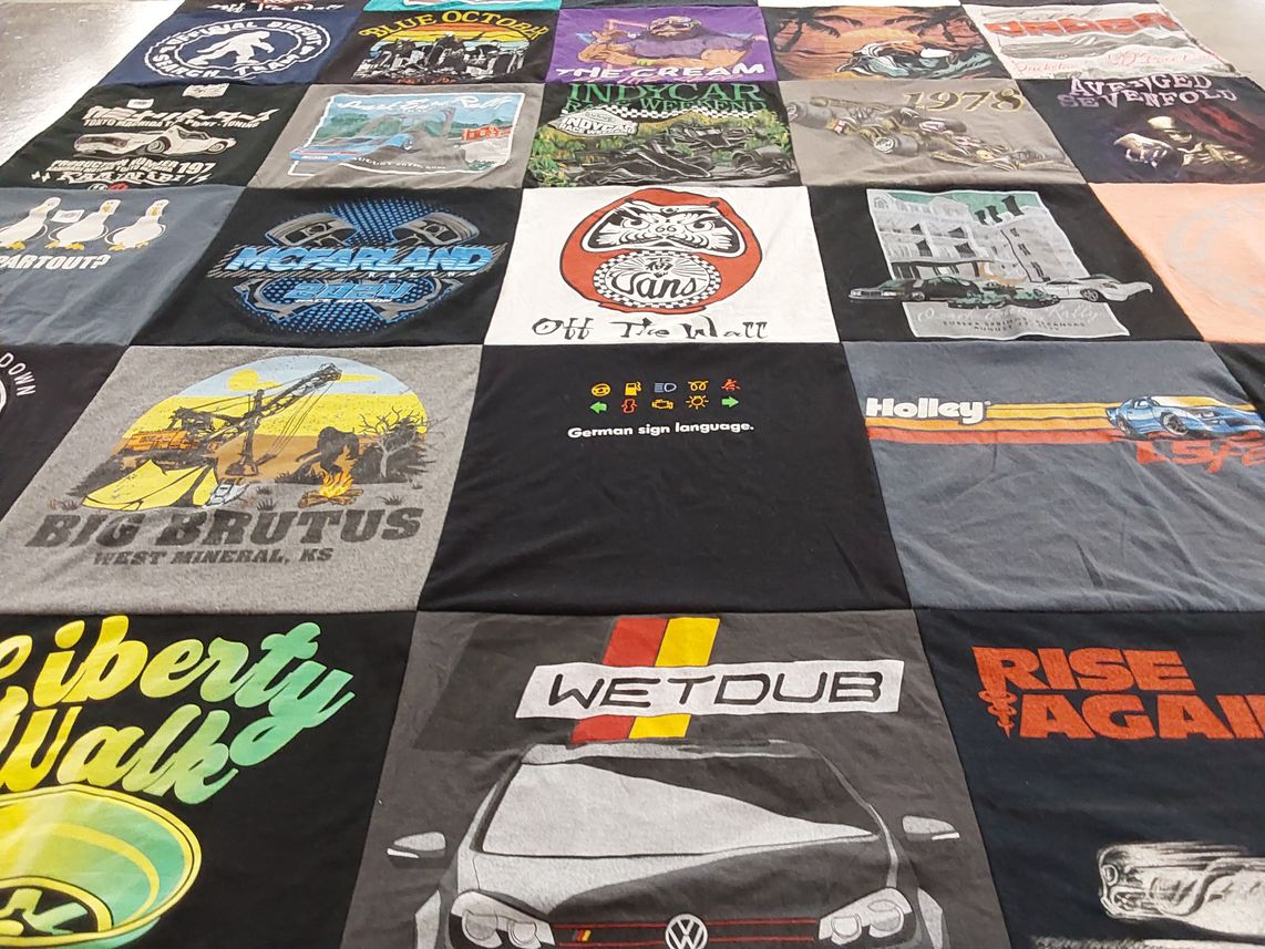 T-shirt quilt with cars, music themes by Catherine from OK