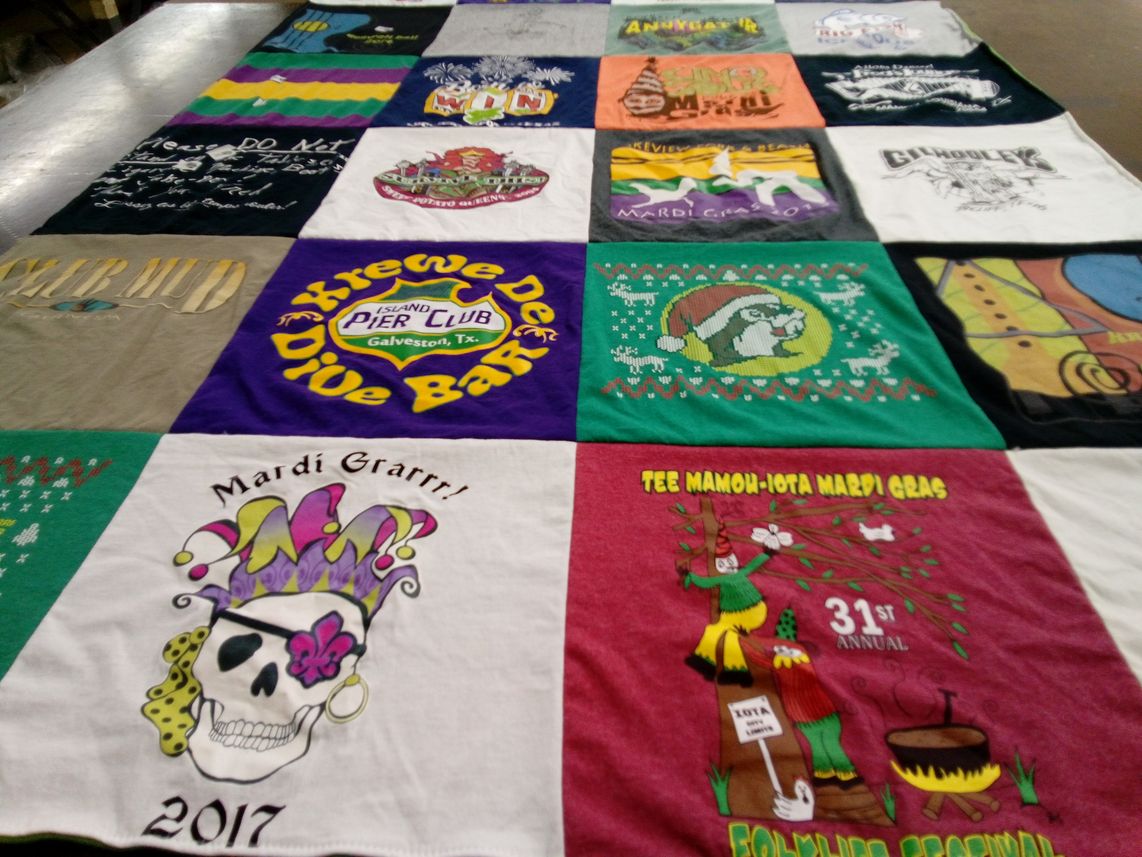 T-shirt quilt with mardi gras, celebrations themes by ann from TX