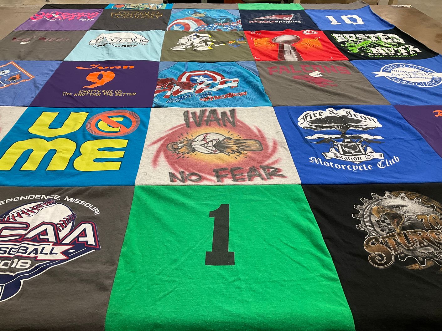 T-shirt quilt with motorcycles, sports themes by Robyn from MO