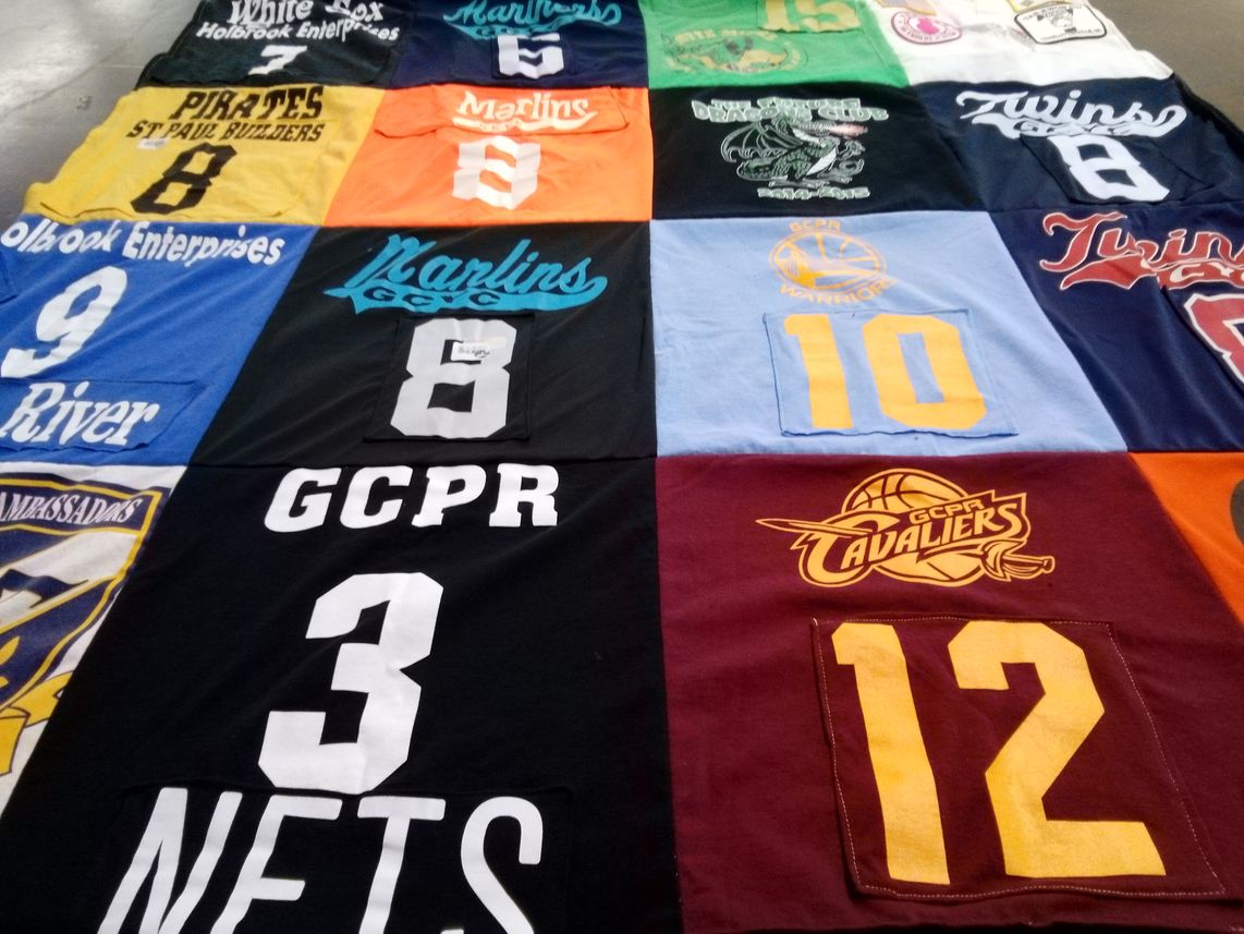 T-shirt quilt featuring cavaliers, warriors by Judy from VA